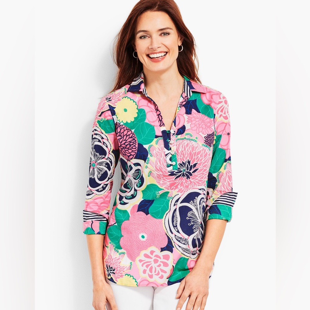 Talbots Floral Cotton Popover Tunic Collared